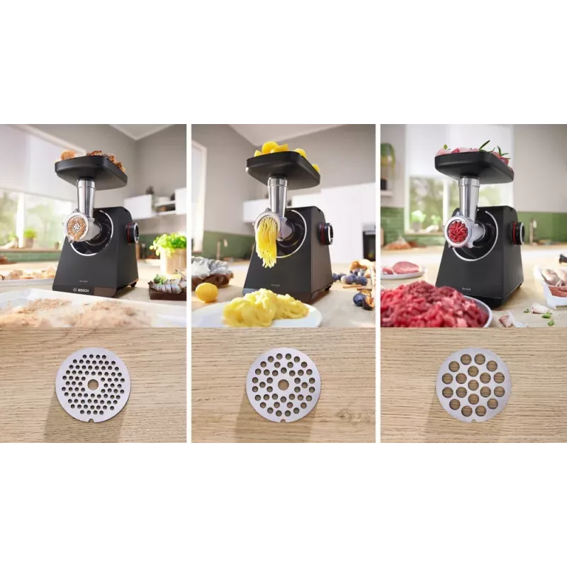 Mlynček na mäso Bosch MFWS430B — 1900 W, 2 rýchlosti, 2,5 kg/min, čierna/strieborná, 4,3 kg