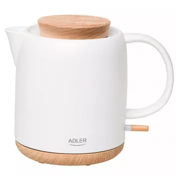 Elektrická rýchlovarná kanvica Adler AD 1304 — 1 l, 1200 W, keramické puzdro, sklopné veko, 360° otočná základňa, biela