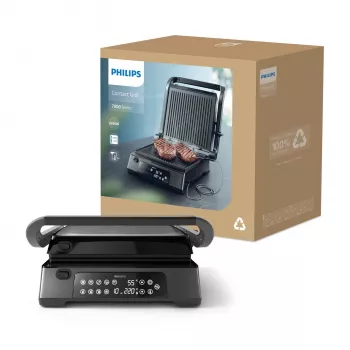 Philips 7000 series Kontaktný gril, čierny, obdĺžnikový, dotykový, 220 °C, sklopné veko, uzatváracie veko, 180°
