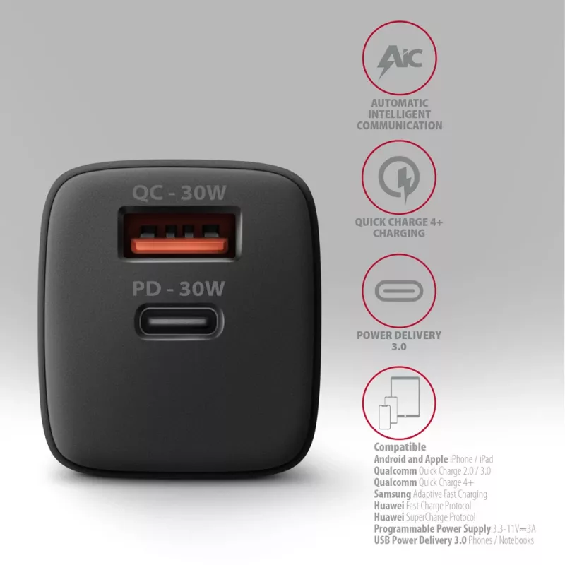 Axagon ACU-PQ30 PD3.0 & QC4+ 2xOUTPUTS nástenná nabíjačka 30W