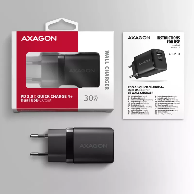 Axagon ACU-PQ30 PD3.0 & QC4+ 2xOUTPUTS nástenná nabíjačka 30W