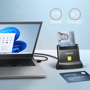 Axagon univerzálna desktopová USB kontaktná čítačka smart/ID kariet s dlhým USB-A káblom. Vhodná pre aplikáciu eObanka. Čítačka smartcard indoor USB 2.0 čierna