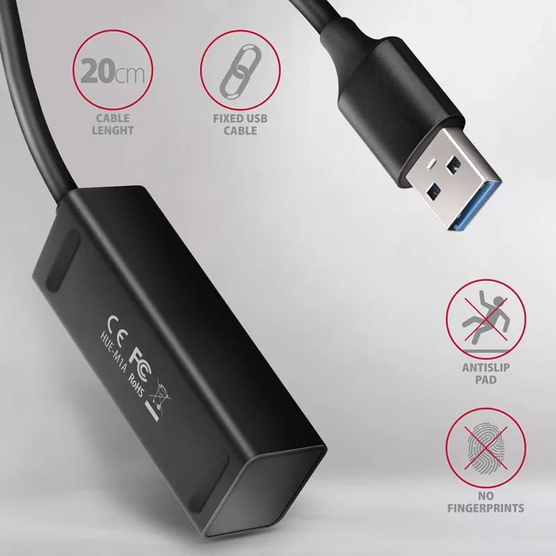 Axagon HUE-M1A 4x USB 3.2 Gen 1 MINI hub, kov, 20 cm USB-A kábel