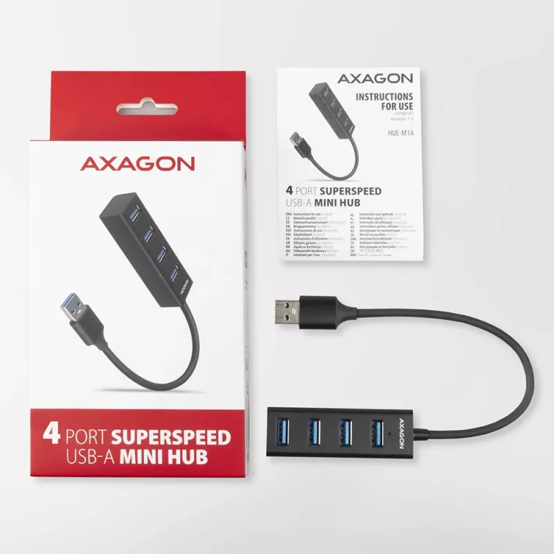 Axagon HUE-M1A 4x USB 3.2 Gen 1 MINI hub, kov, 20 cm USB-A kábel