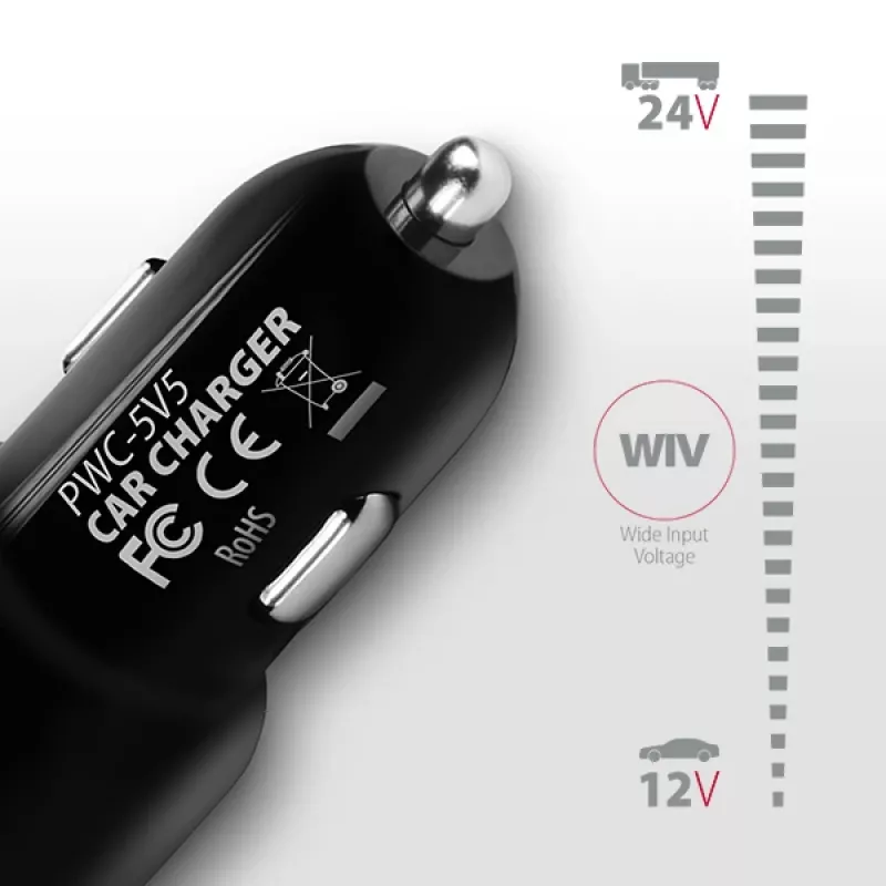 Axagon PWC-5V5 SMART auto nabíjačka 24W, 2x USB-A port, 5V/2,4A + 5V/2,4A