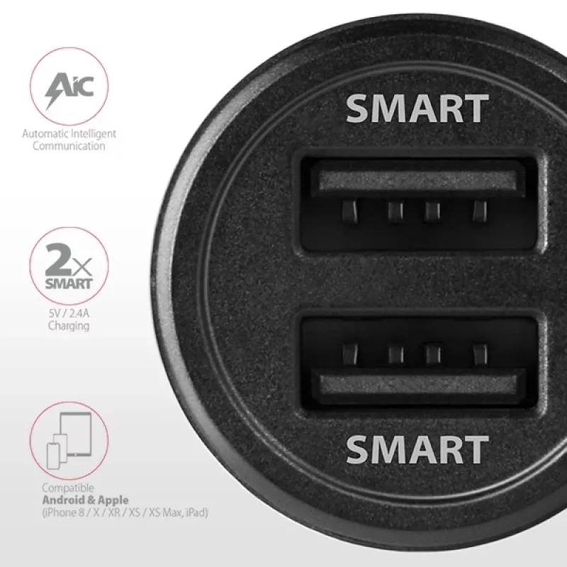 Axagon PWC-5V5 SMART auto nabíjačka 24W, 2x USB-A port, 5V/2,4A + 5V/2,4A