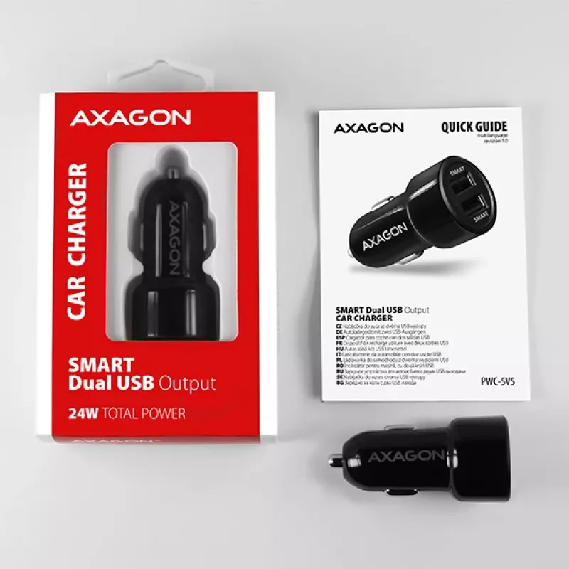 Axagon PWC-5V5 SMART auto nabíjačka 24W, 2x USB-A port, 5V/2,4A + 5V/2,4A