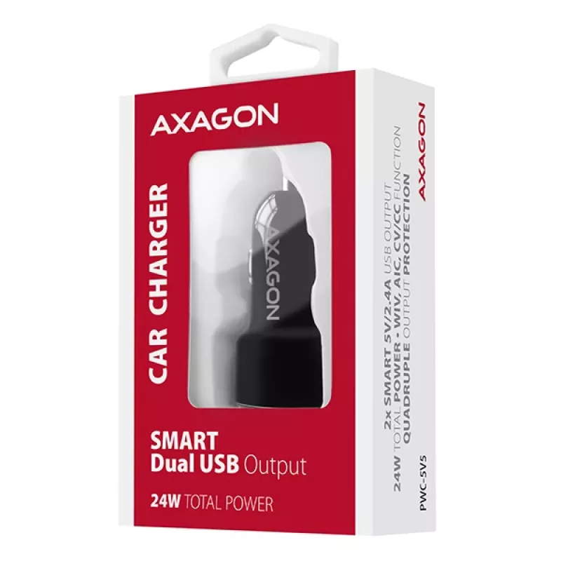 Axagon PWC-5V5 SMART auto nabíjačka 24W, 2x USB-A port, 5V/2,4A + 5V/2,4A