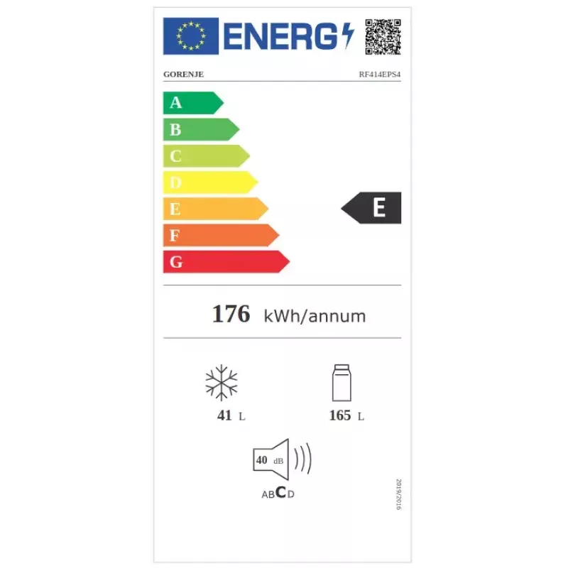 Voľne stojaca chladnička Gorenje RF414EPS4 — 206 L celkom, 165 L chladiaca časť, 41 L mraziaca časť, sivá