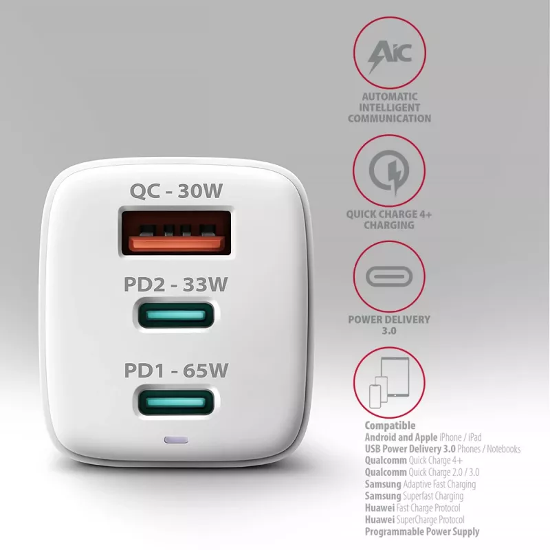 Axagon ACU-DPQ65W PD3.0 & QC4+ 3x VÝSTUPY nástenná nabíjačka 65W