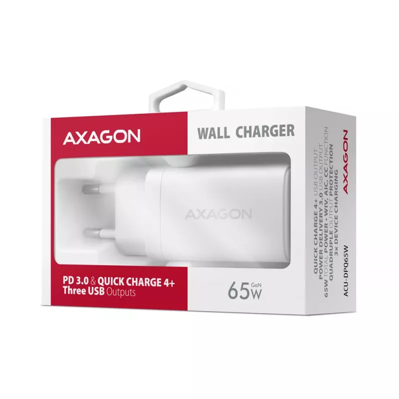 Axagon ACU-DPQ65W PD3.0 & QC4+ 3x VÝSTUPY nástenná nabíjačka 65W