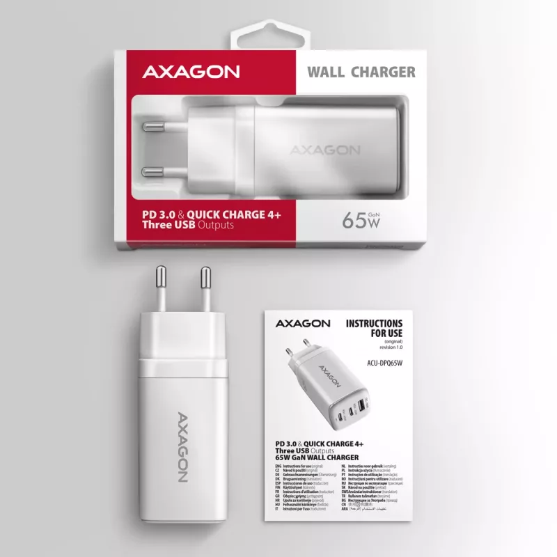 Axagon ACU-DPQ65W PD3.0 & QC4+ 3x VÝSTUPY nástenná nabíjačka 65W