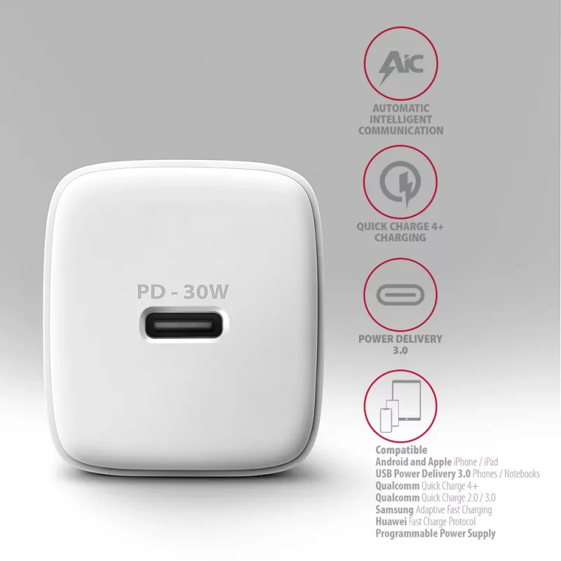 Nástenná nabíjačka Axagon ACU-PD30W 1x QC3.0/AFC/FCP/PD Type-C 30W biela