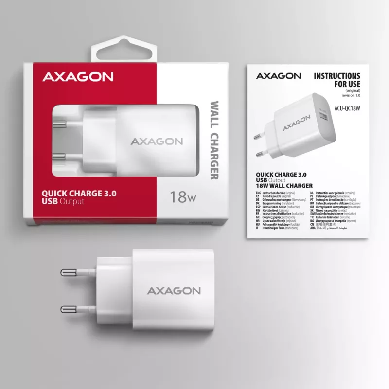 Axagon ACU-QC18W QC3.0 1xVÝSTUP nástenná nabíjačka 18W