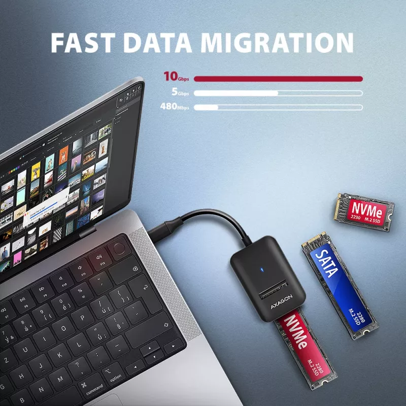 Axagon ADM2-CM USB-C adaptér M.2 NVMe SATA 10Gbps čierny