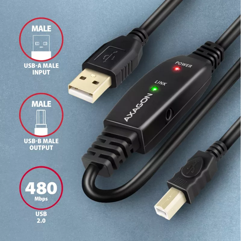 Axagon ADR-210B aktívny prepojovací/repeater kábel USB 2.0 konektor samec A na konektor samec B, 10 m
