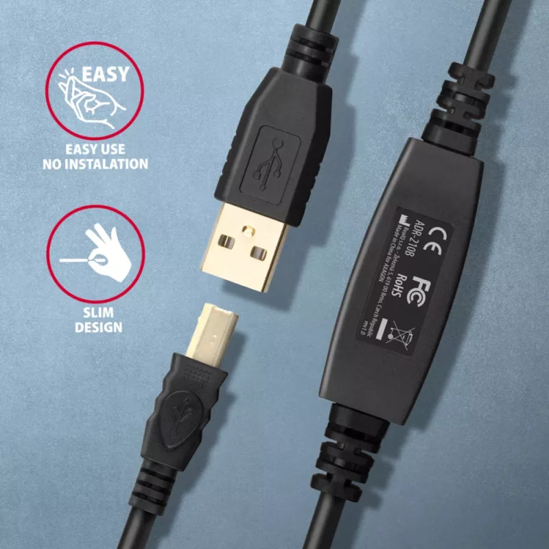 Axagon ADR-210B aktívny prepojovací/repeater kábel USB 2.0 konektor samec A na konektor samec B, 10 m