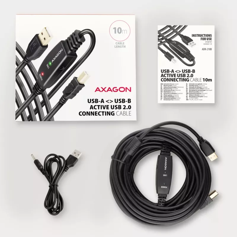 Axagon ADR-210B aktívny prepojovací/repeater kábel USB 2.0 konektor samec A na konektor samec B, 10 m