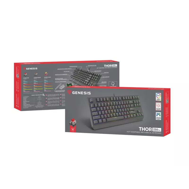 Genesis Thor 230 TKL drôtová mechanická herná klávesnica, US, čierna, Outemu Red