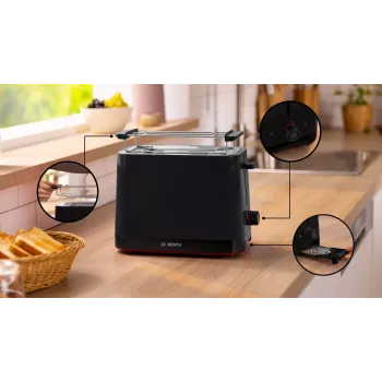 Hriankovač Bosch TAT3M123 2 plátky, 950 W, čierny, otočný regulátor, rozmrazovanie a ohrievanie