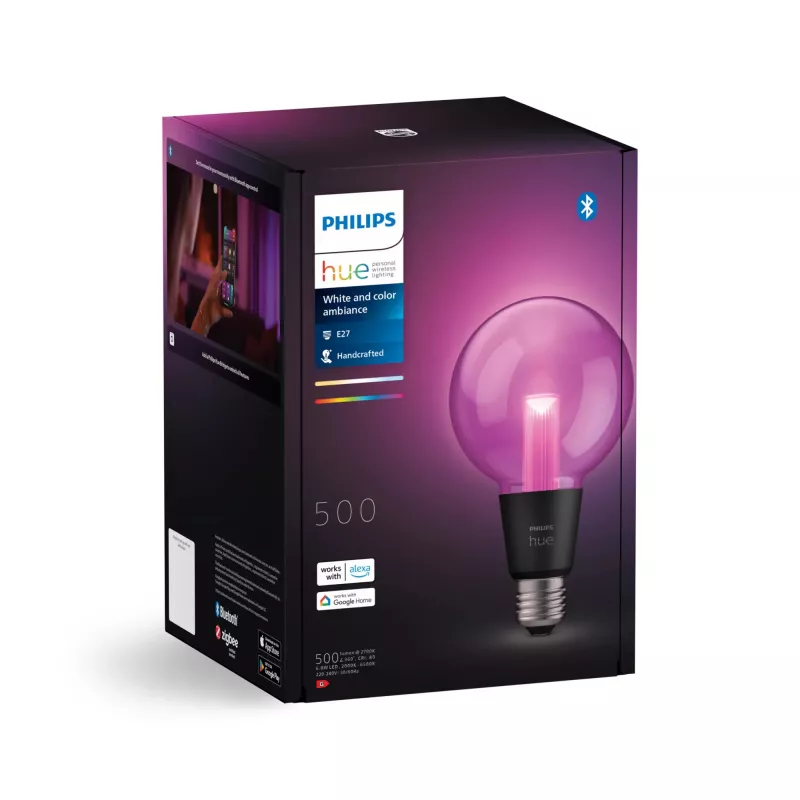 Smart žiarovka Philips Hue White and Colour Ambience G95 E27, 6,8 W, Bluetooth/Zigbee, transparentná