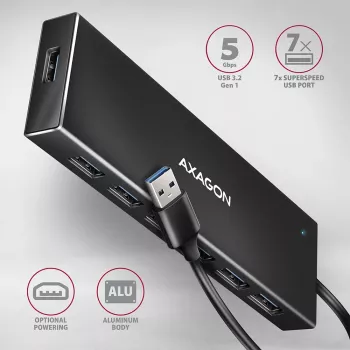 Axagon HUE-F7A 7x USB 3.2 Gen 1 ALU FLAT hub micro napájanie IN 1m USB-A USB 3.2 Gen 1 (3.1 Gen 1) Type-A 5000 Mbit/s čierny