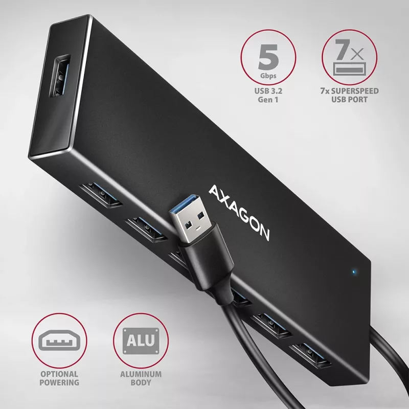 Axagon HUE-F7A 7x USB 3.2 Gen 1 ALU FLAT hub micro napájanie IN 1m USB-A USB 3.2 Gen 1 (3.1 Gen 1) Type-A 5000 Mbit/s čierny