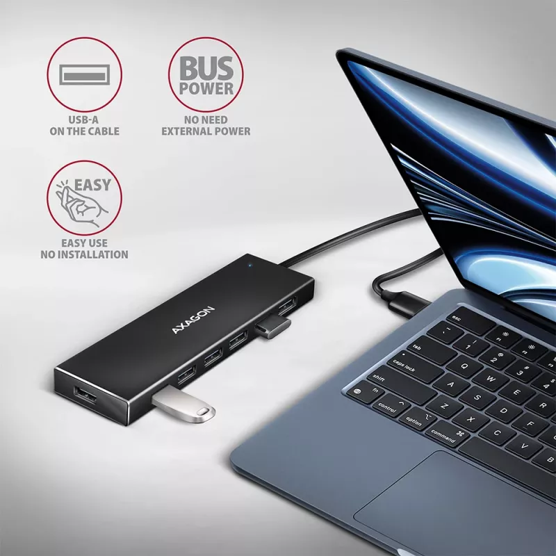 Axagon HUE-F7A 7x USB 3.2 Gen 1 ALU FLAT hub micro napájanie IN 1m USB-A USB 3.2 Gen 1 (3.1 Gen 1) Type-A 5000 Mbit/s čierny