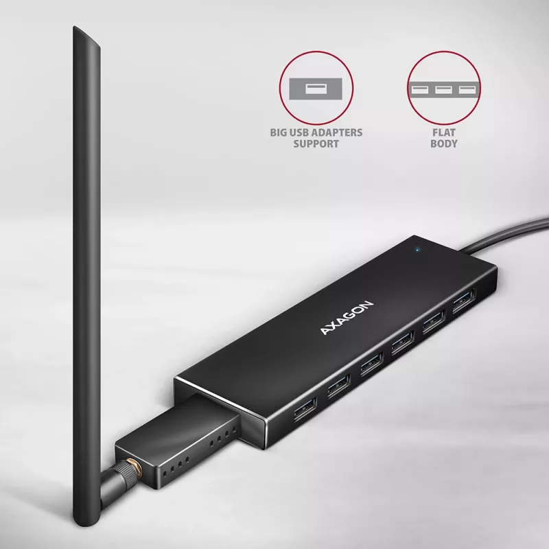 Axagon HUE-F7A 7x USB 3.2 Gen 1 ALU FLAT hub micro napájanie IN 1m USB-A USB 3.2 Gen 1 (3.1 Gen 1) Type-A 5000 Mbit/s čierny
