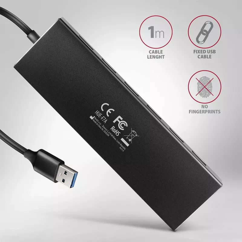 Axagon HUE-F7A 7x USB 3.2 Gen 1 ALU FLAT hub micro napájanie IN 1m USB-A USB 3.2 Gen 1 (3.1 Gen 1) Type-A 5000 Mbit/s čierny