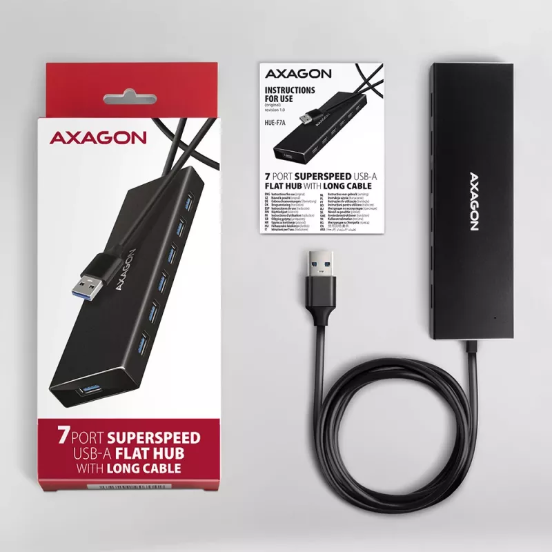 Axagon HUE-F7A 7x USB 3.2 Gen 1 ALU FLAT hub micro napájanie IN 1m USB-A USB 3.2 Gen 1 (3.1 Gen 1) Type-A 5000 Mbit/s čierny