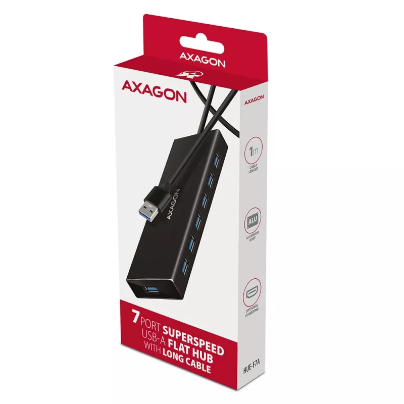 Axagon HUE-F7A 7x USB 3.2 Gen 1 ALU FLAT hub micro napájanie IN 1m USB-A USB 3.2 Gen 1 (3.1 Gen 1) Type-A 5000 Mbit/s čierny