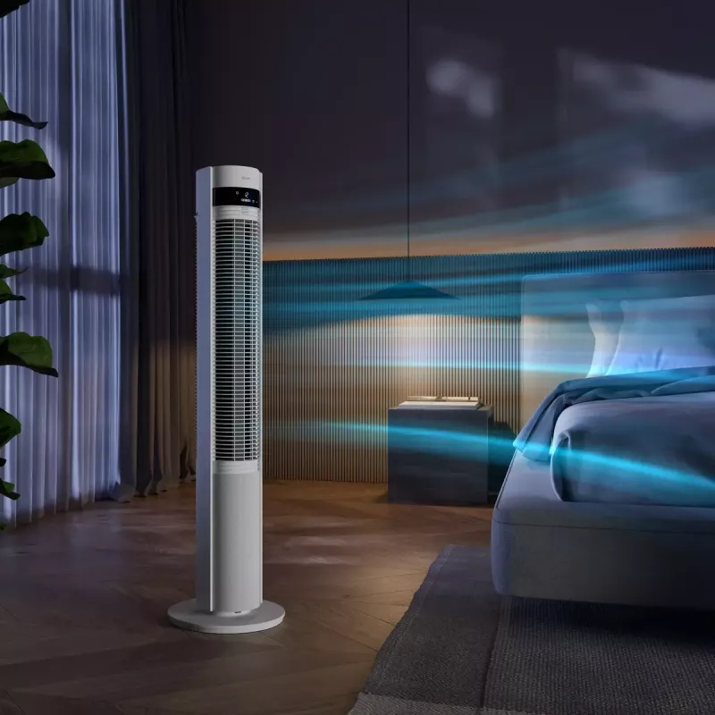 Vežový ventilátor Duux Elevate DXTF02 — priemer 29 cm, 12 rýchlostí, oscilácia, 4–40 W, biely