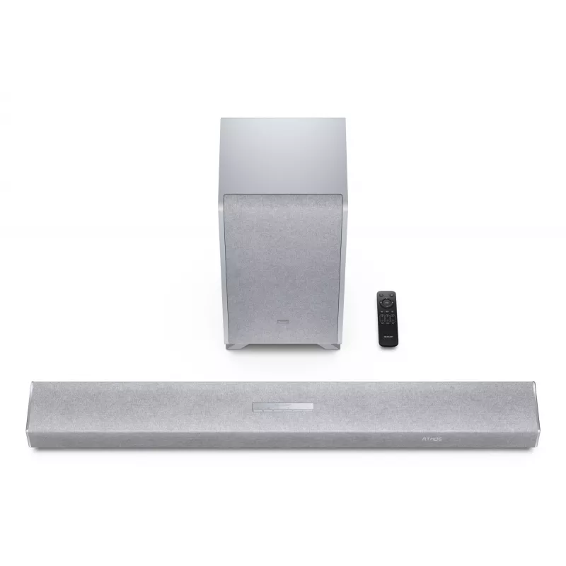 Sharp HT-SBW53121(SL) 3.1.2 Dolby Atmos/DTS:X soundbar s bezdrôtovým subwooferom, 550 W, Bluetooth, strieborný