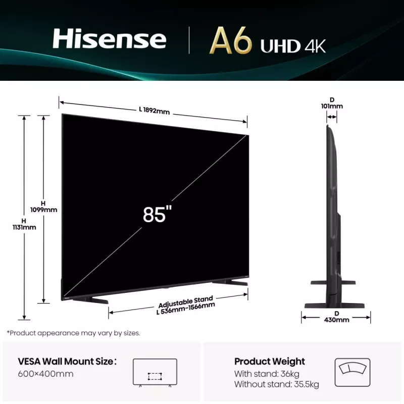 Hisense 85A6Q 85" (216 cm) 4K Ultra HD Smart TV, VIDAA, Dolby Vision, Wi-Fi, čierny