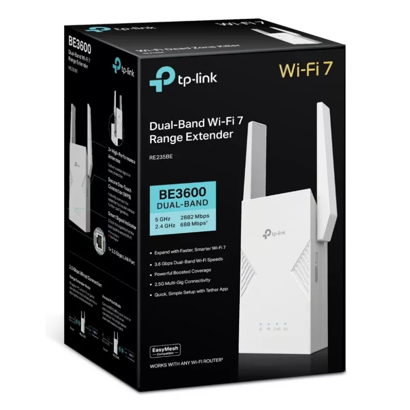 Sieťový vysielač a prijímač TP‑LINK BE3600 2882 Mbit/s, dvojpásmový 2,4/5 GHz, 1× RJ‑45, biela