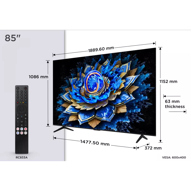 TCL 85T69C 85" (216 cm) 4K Ultra HD QLED Smart TV, Google TV, Wi-Fi, čierny