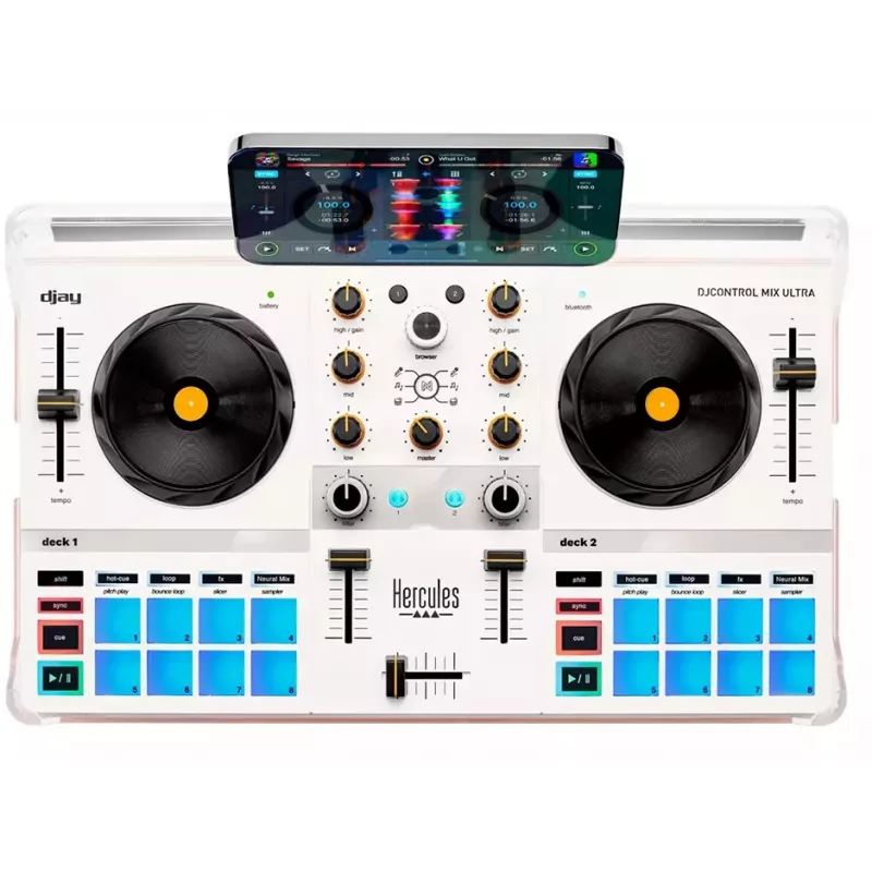 DJ kontroler Hercules DJControl Mix Ultra – biela, mobilný Bluetooth kontroler
