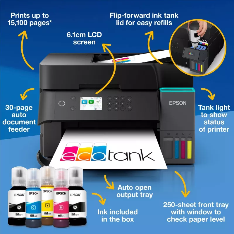 Multifunkčná atramentová tlačiareň Epson EcoTank L6370 — farebná, A4, 4800x1200 DPI, Wi‑Fi, Ethernet