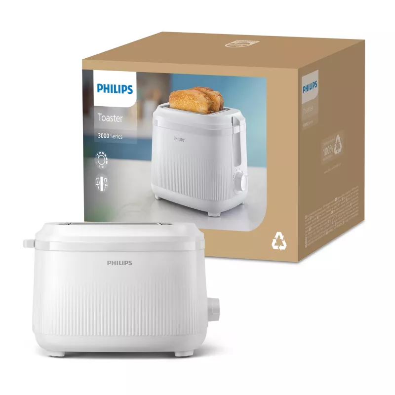 Philips 3000 series hriankovač, 2 plátky, biela, kov, tlačidlá, otočný regulátor, 900 W, 220-240 V