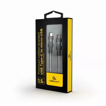 GEMBIRD Premium bavlnený opletený USB Type-C na micro-USB nabíjací a dátový kábel, 1,5 m - sivá