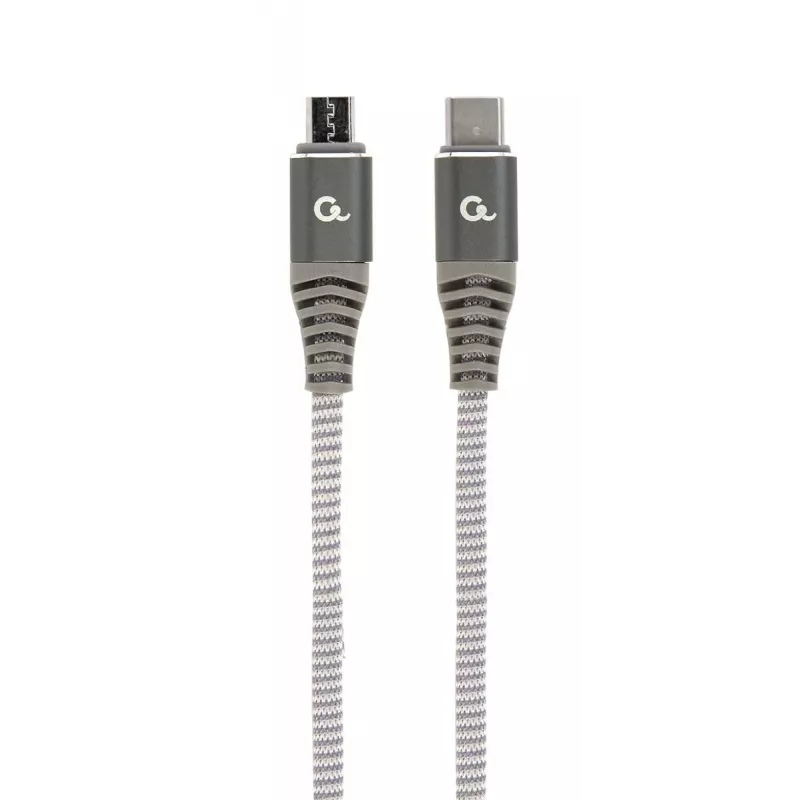 GEMBIRD Premium bavlnený opletený USB Type-C na micro-USB nabíjací a dátový kábel, 1,5 m - sivá