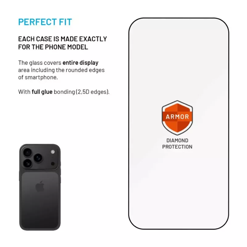 Ochranná fólia displeja FIXED pre Apple iPhone 17 Pro — tvrdené sklo, čierna, Armor dizajn, aplikátor proti prachu, AR vrstva