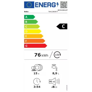 Umývačka riadu BEKO | BDIN38542P | vstavaná | šírka 60 cm | počet súprav riadu 15 | počet programov 8 | energetická trieda C | displej | funkcia AquaStop | biela