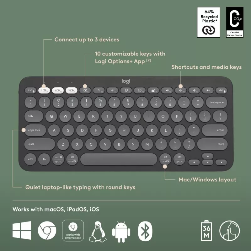 Logitech Pebble Keys 2 K380s klávesnica univerzálna RF bezdrôtová + Bluetooth QWERTY US International grafitová