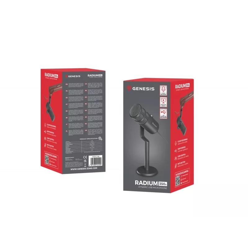 Káblový PC mikrofón GENESIS Radium 350D – USB Type-A/Type-C, -48 dB citlivosť, 16–14 000 Hz, 2,5 m kábel, čierny