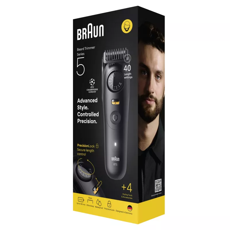 Strihač brady BRAUN BT5520 — 0,5–20 mm, 40 nastavení dĺžky, nabíjateľný, 120 min výdrž batérie, čierny