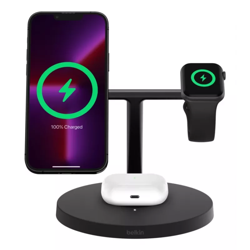 BELKIN bezdrôtový nabíjací stojan – Boost Charge Pro – 3-in-1 s Qi2 15W – čierny
