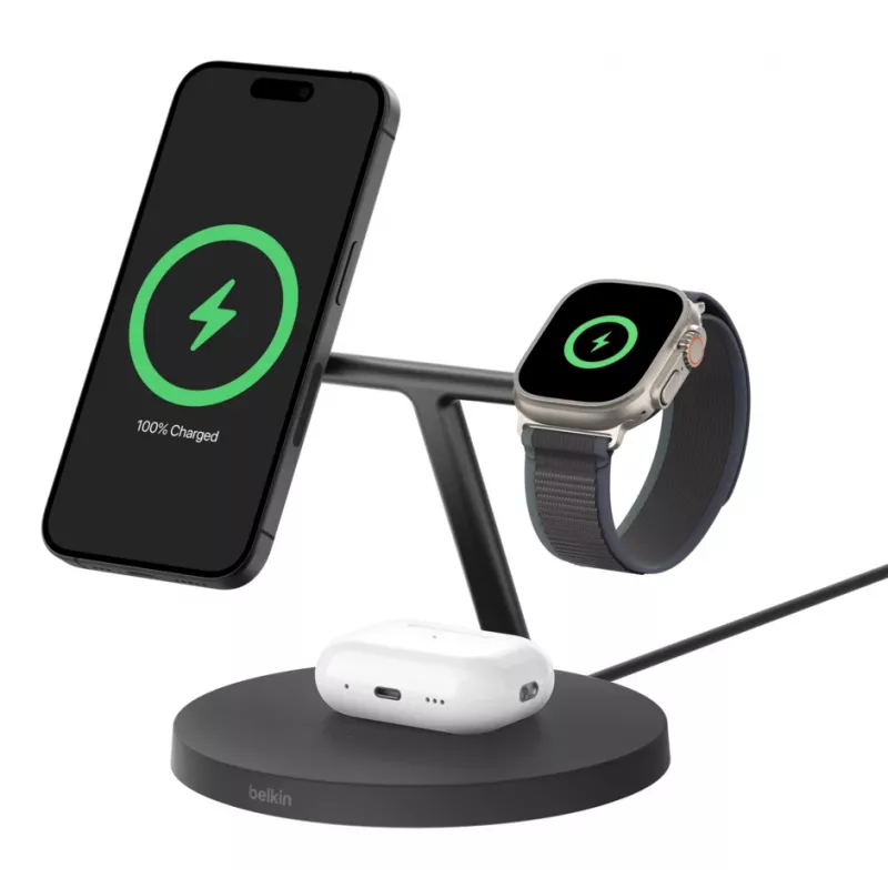 BELKIN bezdrôtový nabíjací stojan – Boost Charge Pro – 3-in-1 s Qi2 15W – čierny