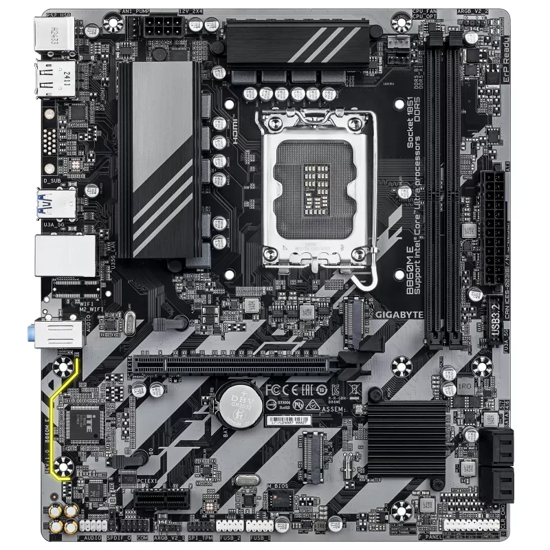 Micro-ATX základná doska GIGABYTE B860M E — LGA 1851 pre Intel Core Ultra, DDR5 do 8800 MHz (O.C.), 2×PCIe 4.0 M.2, 1GbE